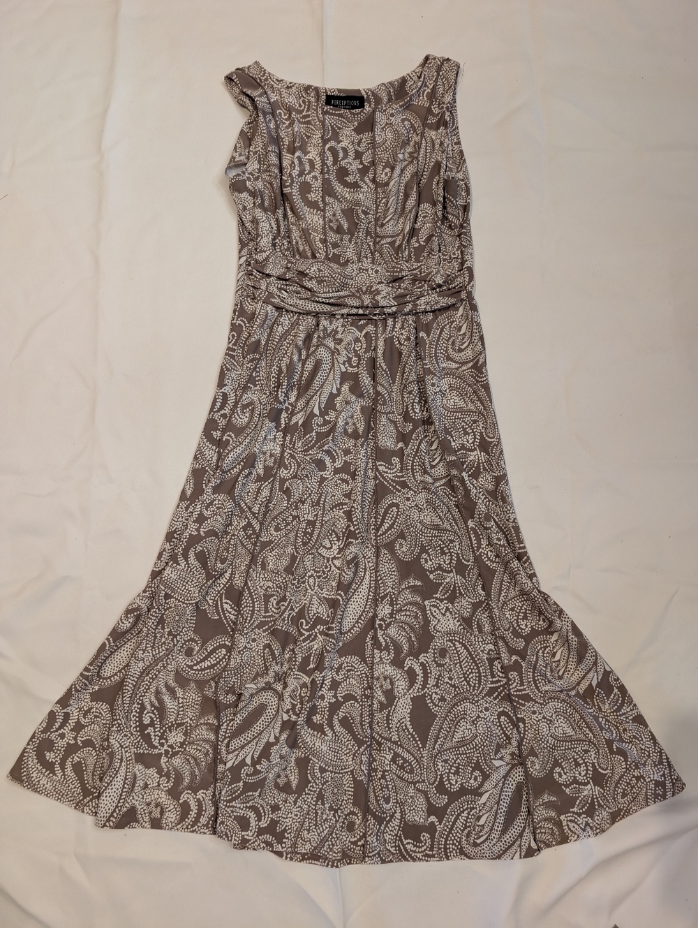 Paisley Print Taupe & Cream Midi Dress, Perceptions New York, M, Like New